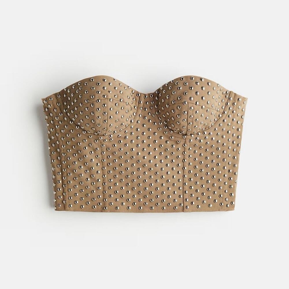 NWT ROKH x H&M Wool-Blend Studded Corset-Style Top in Dark Beige | Size M